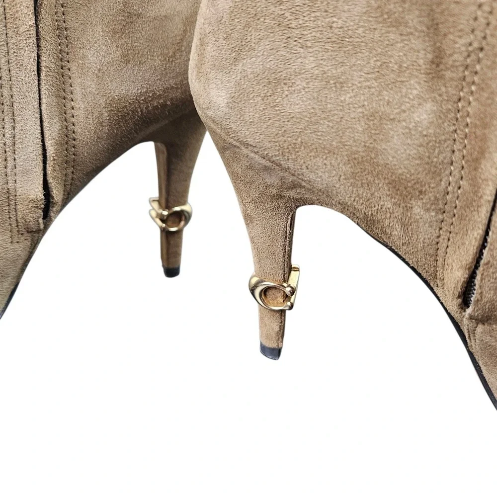 COACH Suede Peep Toe Ankle Booties‎ Taupe Gold Accent Heel Zip Size 8.5B